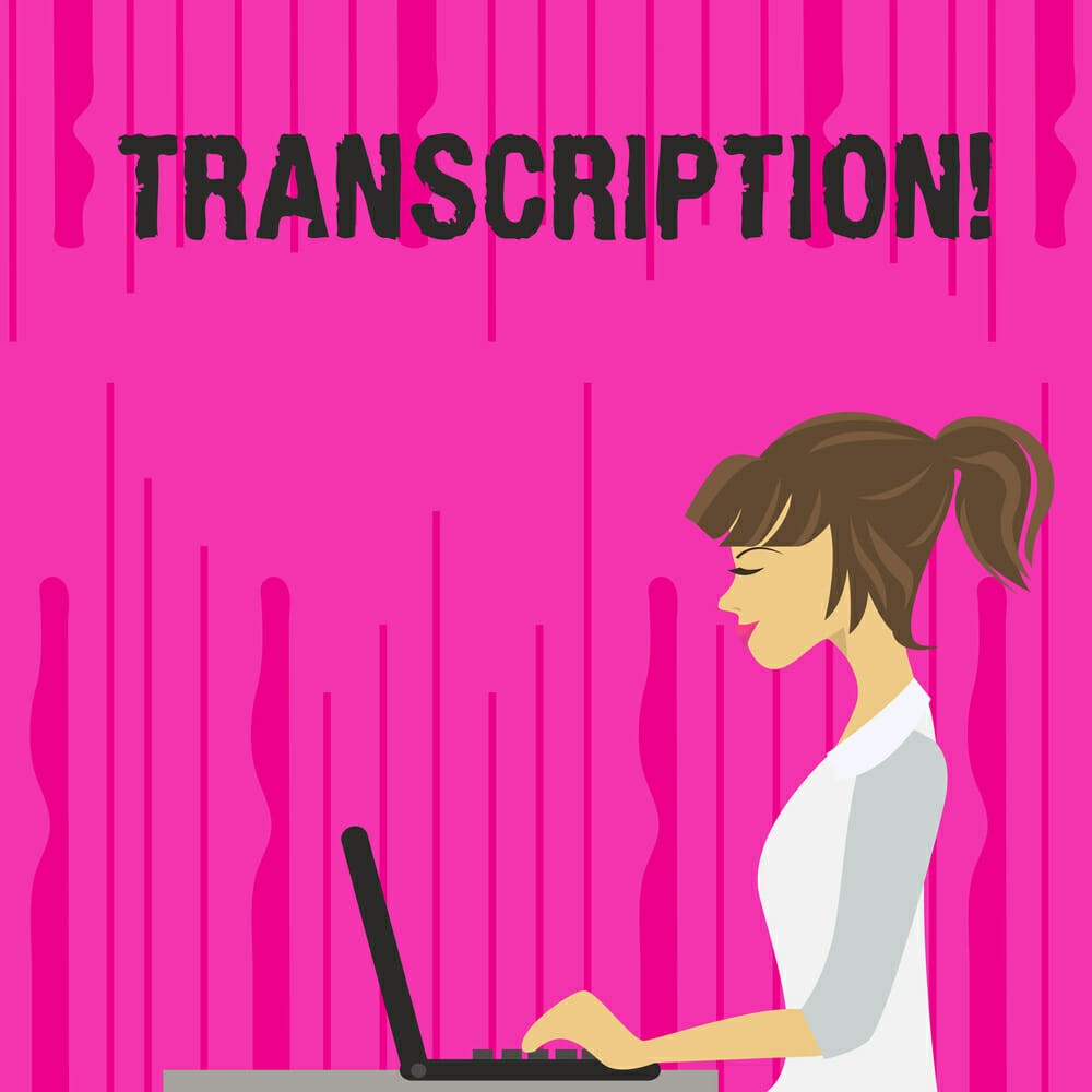 Text sign showing Transcription. Business photo text Written or printed process of transcribing words text voice photo of Young Busy Woman Sitting Side View and Working on her Laptop