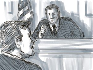 Courtroom Trial Sketch Showing Judge Reprimanding Defendant in Contempt of Court of Law Drawing
