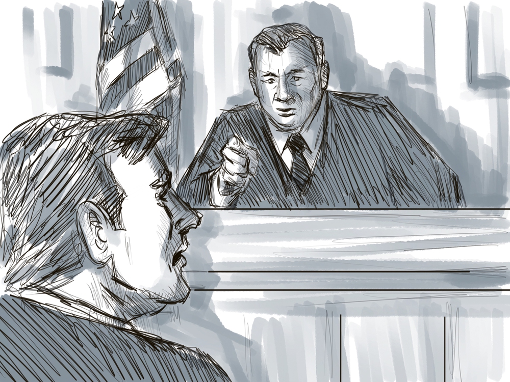 Courtroom Trial Sketch Showing Judge Reprimanding Defendant in Contempt of Court of Law Drawing